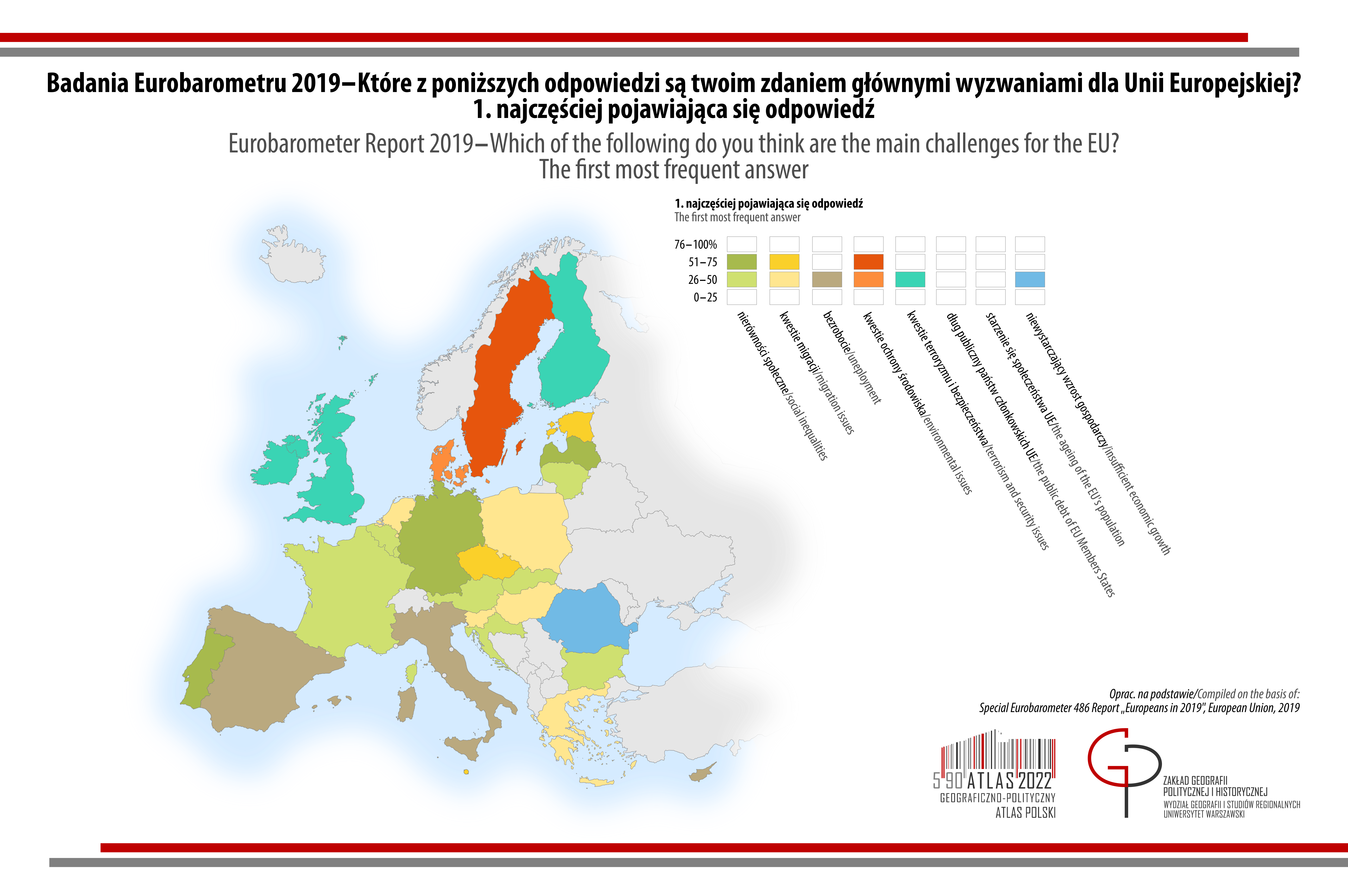 MAPA TYGODNIA: Eurobarometr: Które z poniższych odpowiedzi są Twoim zdaniem głównymi wyzwaniami dla Unii Europejskiej? Pierwsza najczęściej pojawiająca się odpowiedź.